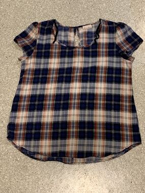 #700 "Fashion Magazine" Plaid Short Sleeve Scoop Neck Blouse - Blue, White, Rust